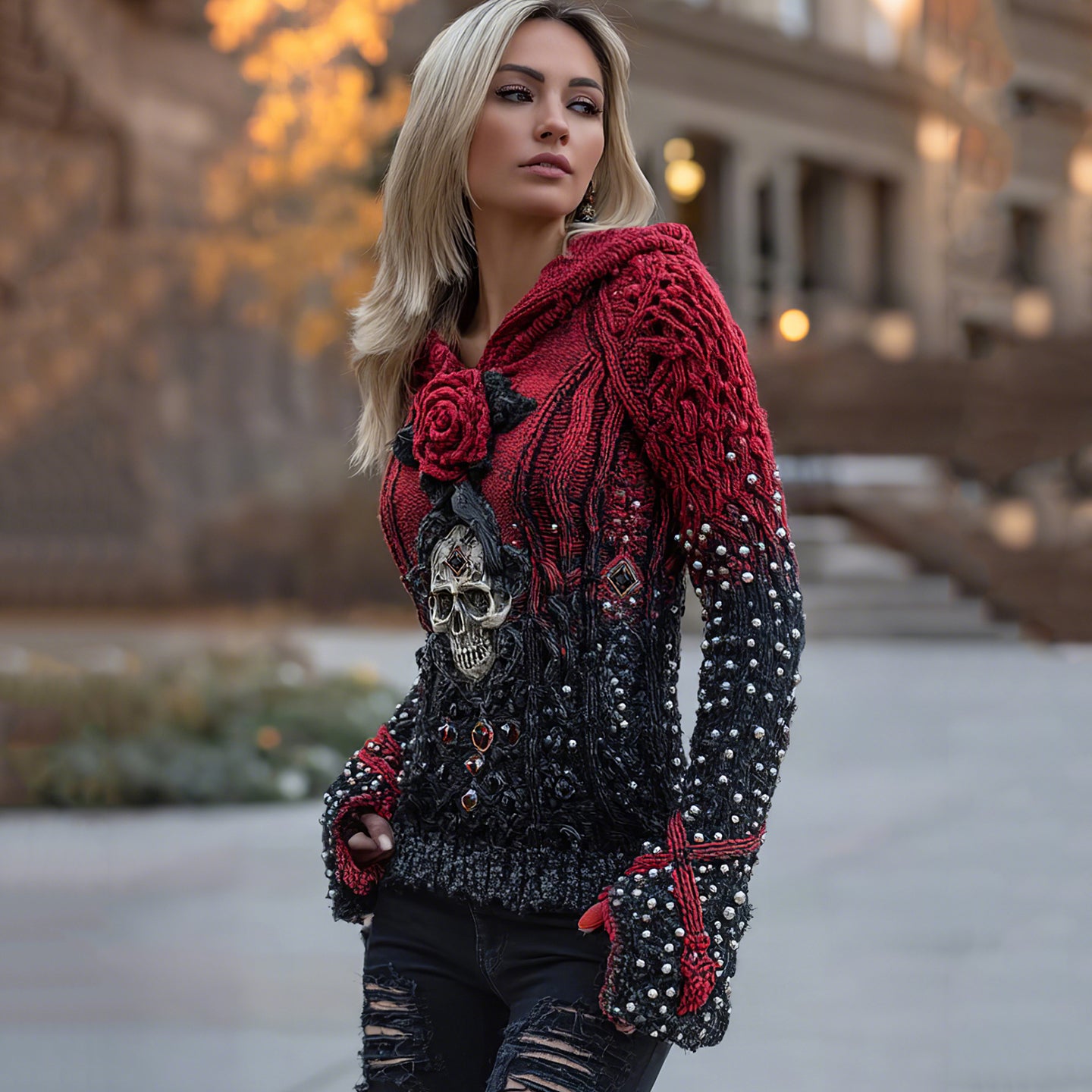 Women's Viking Tribal Raven With Rose And Skull Inspired Knit Hooded Sweater