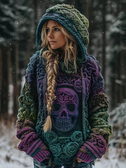 Women's Vintage Skull Gradient Art Knit Hooded Sweater