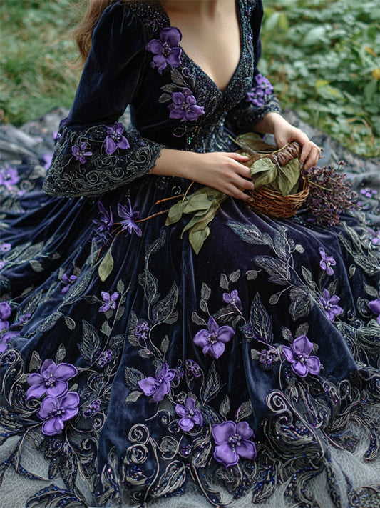 Vintage Witch Purple Flowers Glitter Embroidered Medieval Dress