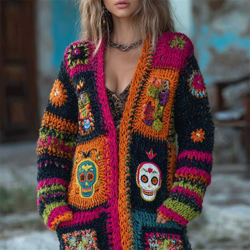 Day Of The Dead Sugar Skull Crochet Colorblock Cozy Knit Cardigan