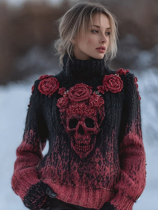 Vintage Red Roses Skull Gradient Cozy Knit Turtleneck Sweater
