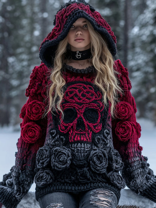 Women's Vintage Viking Tribal Celtic Skull Gradient Art Chunky Knit Hooded Sweater