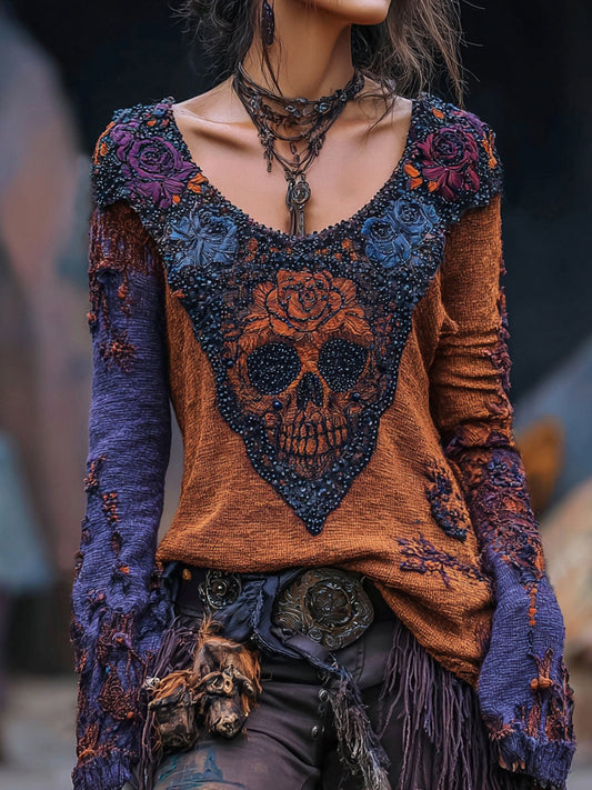Rose Skull Contrast Round Neck T-shirt