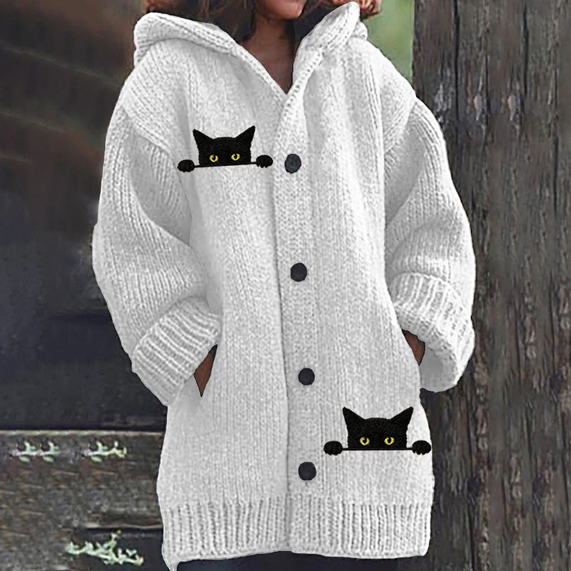 Women's Casual Funny Black Cat Print Hood Sweater