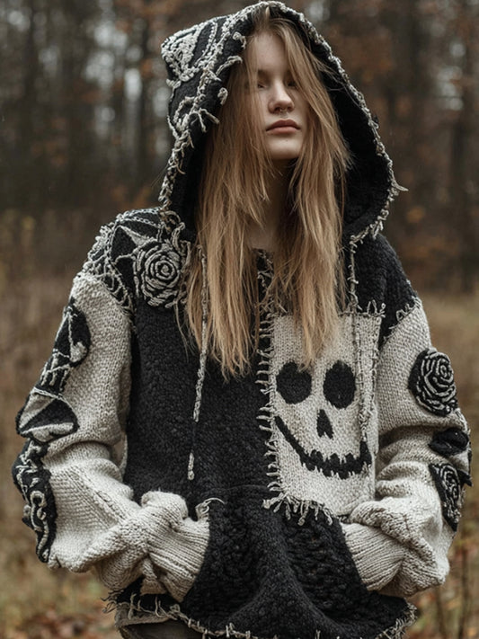 Women's Funny Smiley Face Black And White Hooded Sweater