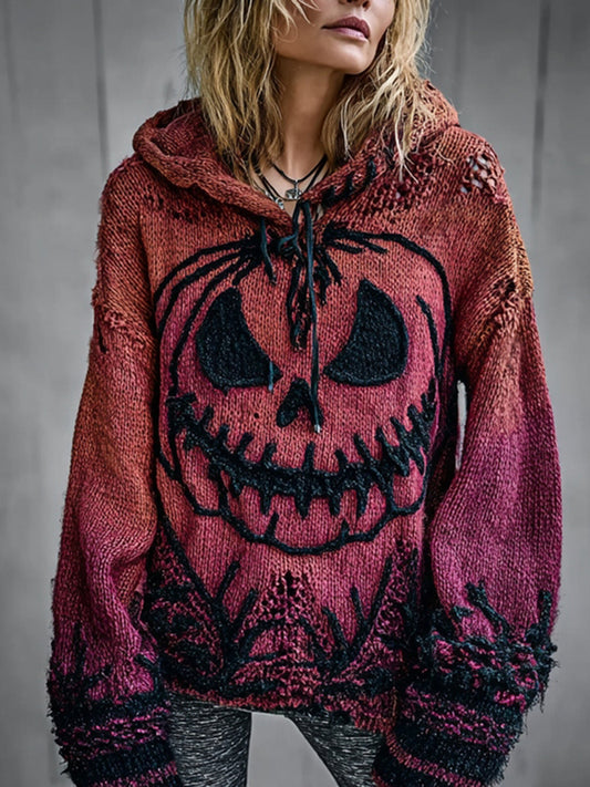 Halloween Pumpkin Face Chunky Crochet Hooded Sweater