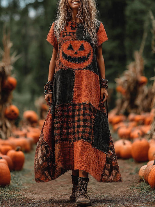 Vintage Halloween Pumpkin Face Patchwork Art Linen Round Neck Maxi Dress