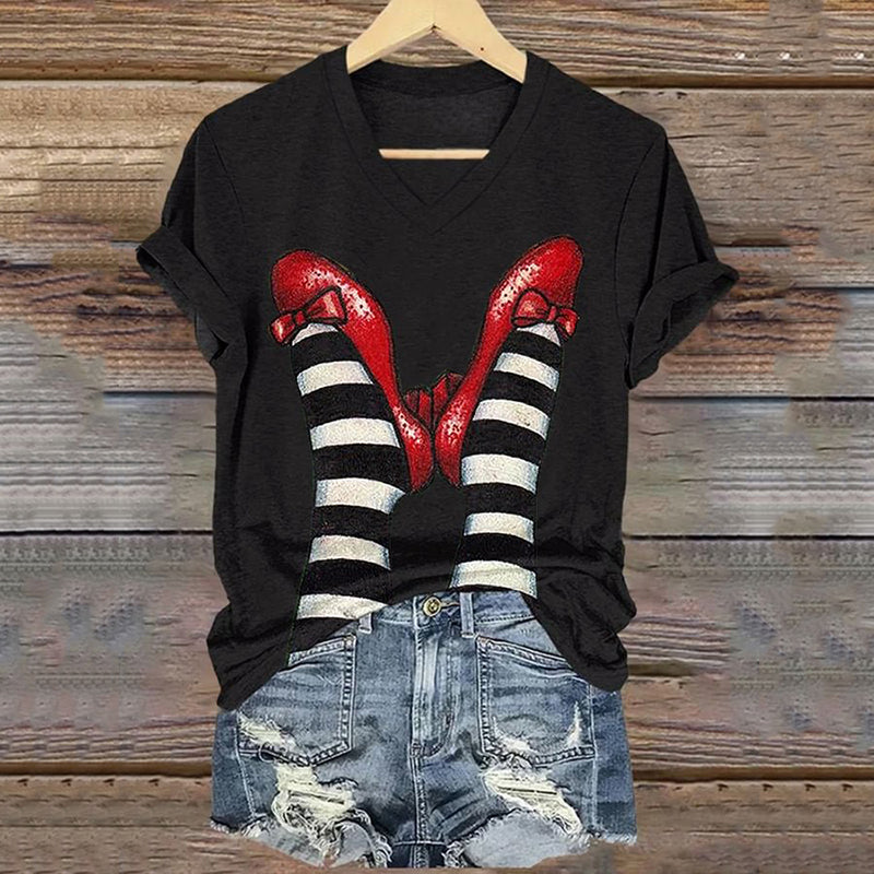 Classic Ruby Red Shoes Floral Painting V-Neck T-Shirt