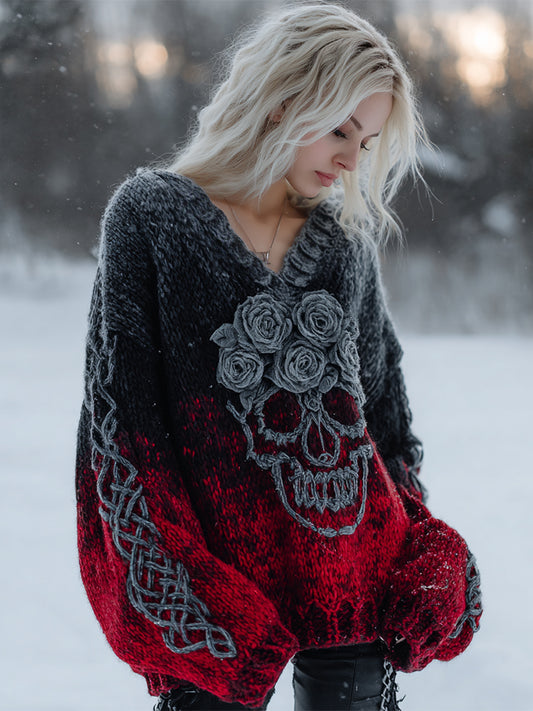 Women's Rose Skull Comfort Gradient V-neck Sweater
