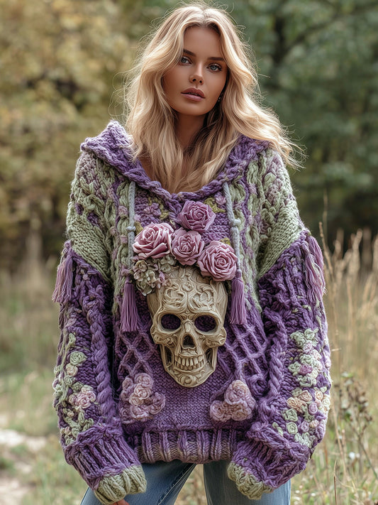 Women's Rose And Skull Inspired Knit Hooded Sweater