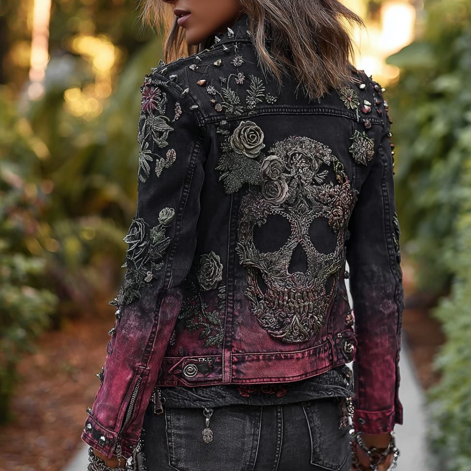 A Retro Women's Black-pink Gradient Denim Jacket With Gothic Skull And Floral Elements Design For Halloween.