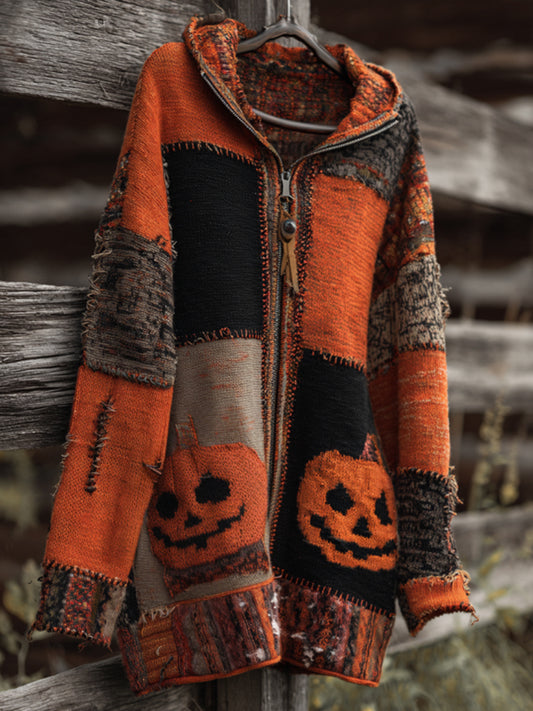 Vintage Patchwork Halloween Pumpkin Face Art Cozy Knit Hooded Sweater Coat