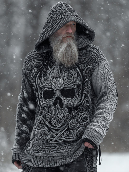 Men's Viking Tribal Jacquard Celtic With Rose And Skull Face Inspired Chunky Knit Hooded Sweater