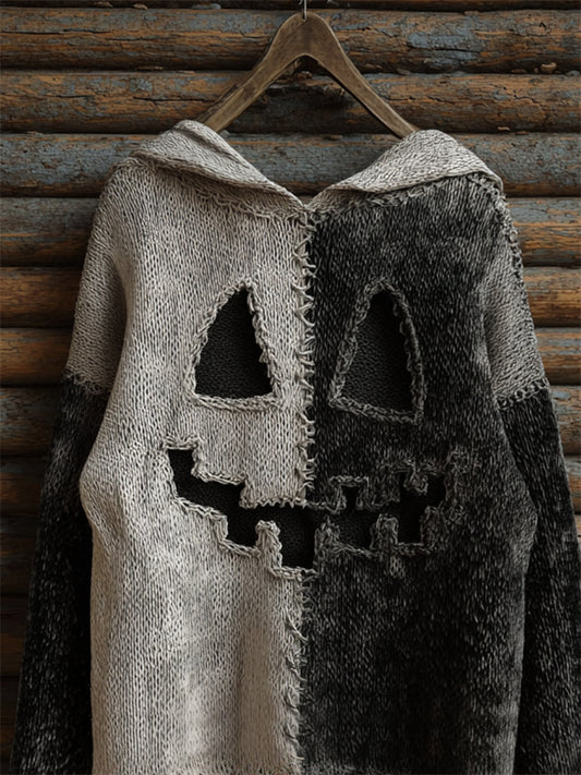 Halloween Pumpkin Face Contrast Stitched Cozy Knit Hooded Sweater