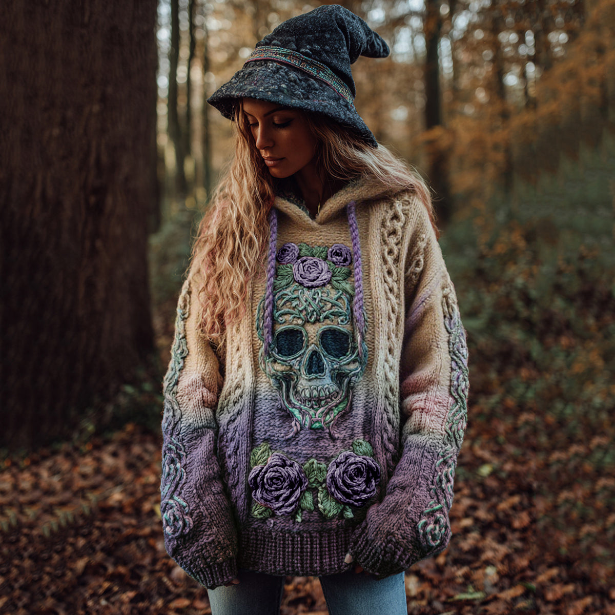 Women's Viking Tribal Jacquard Celtic With Rose And Skull Inspired Chunky Knit Hooded Sweater