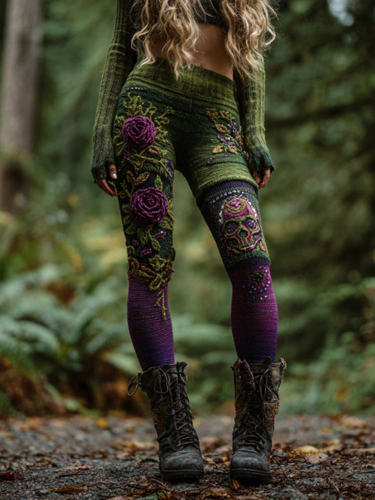 Women's Vintage Skull And Rose Patchwork Comfortable Leggings