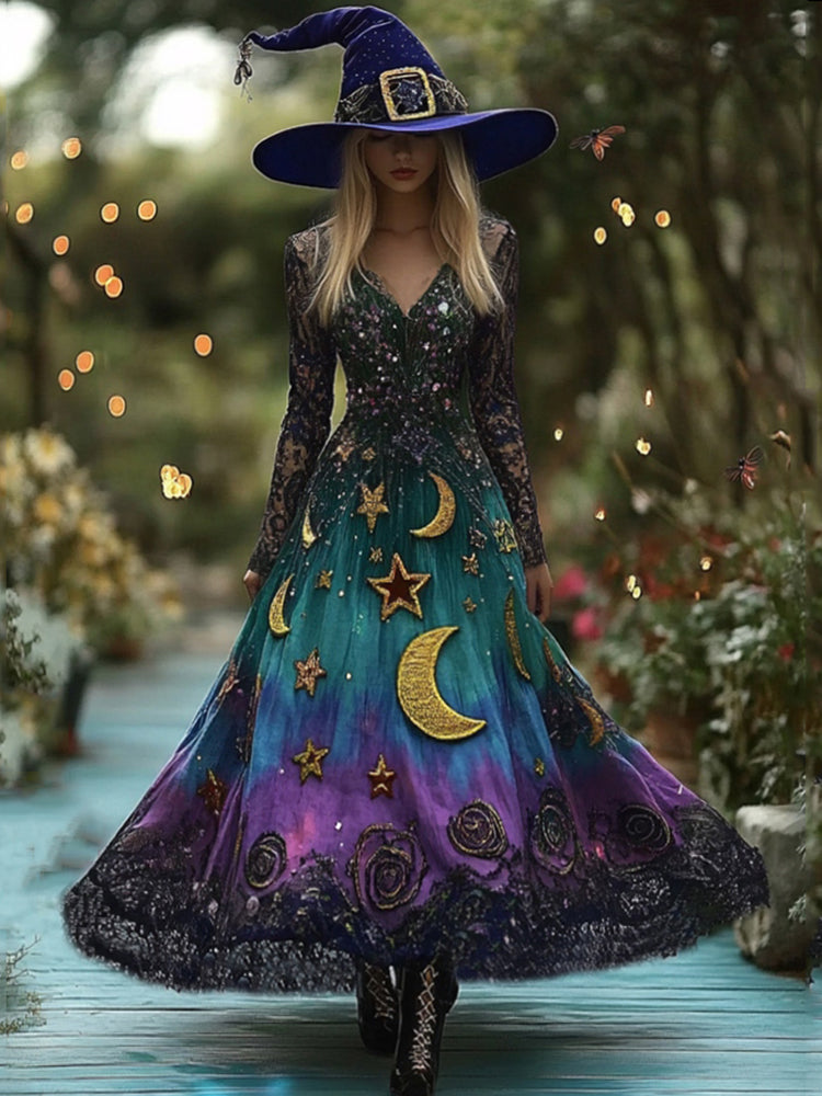 Women's Halloween Gradient Tarot Star Moon Design Witch Maxi Dress