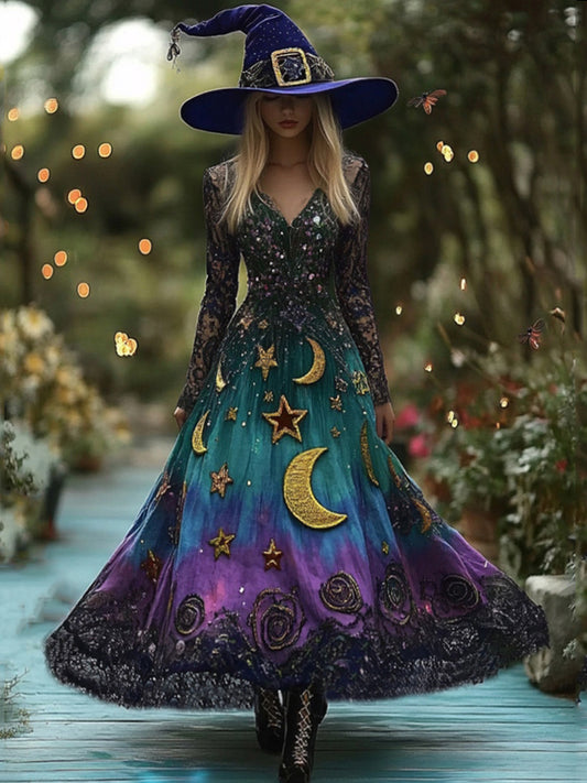 Women's Halloween Gradient Tarot Star Moon Design Witch Maxi Dress
