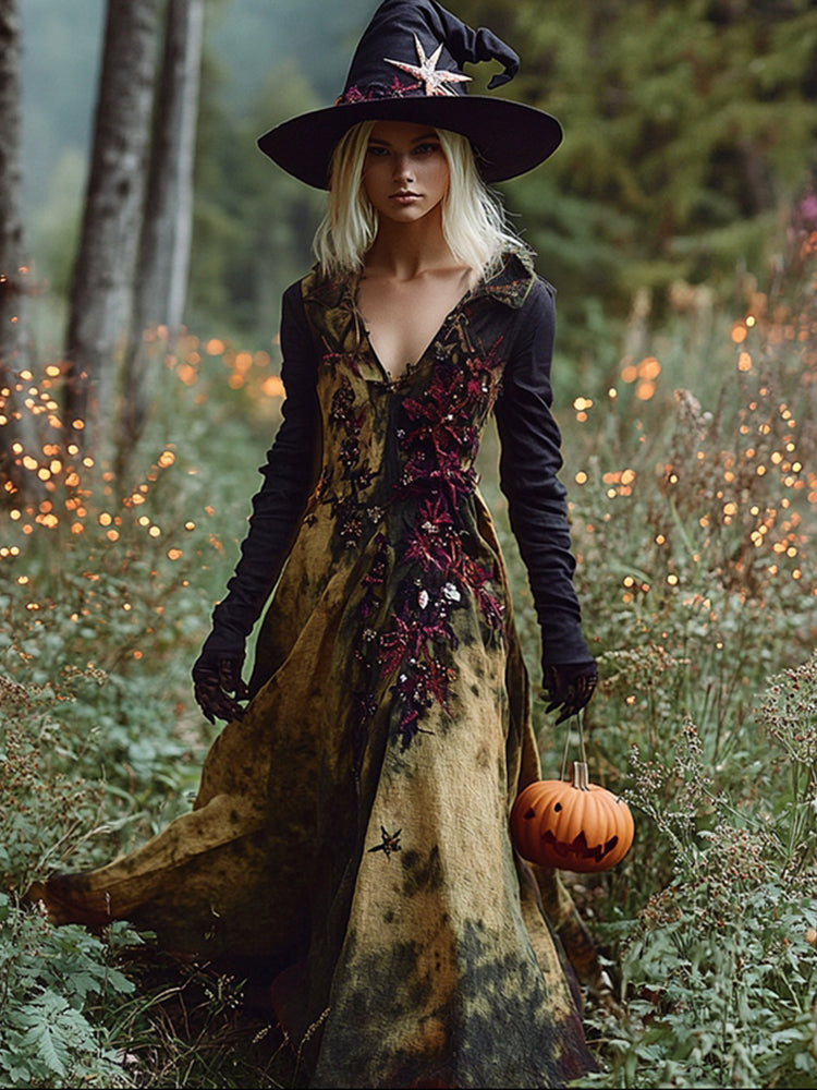 Women's Halloween Gradient Floral Witch Maxi Dress