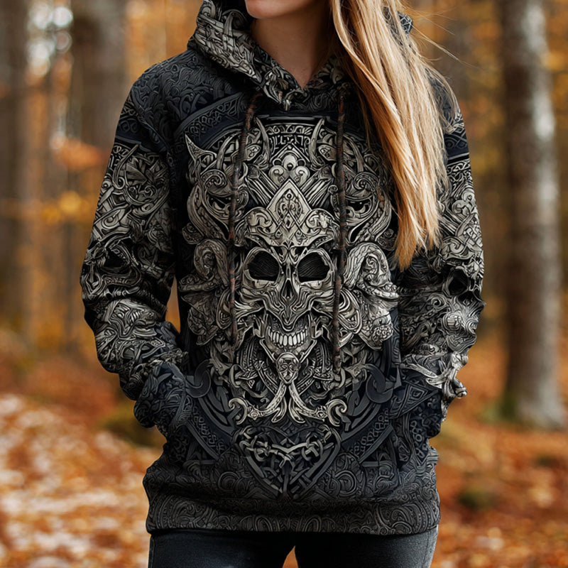 Women's Vintage Viking Tribal Celtic Skull Gradient Art Chunky Knit Hooded Sweater
