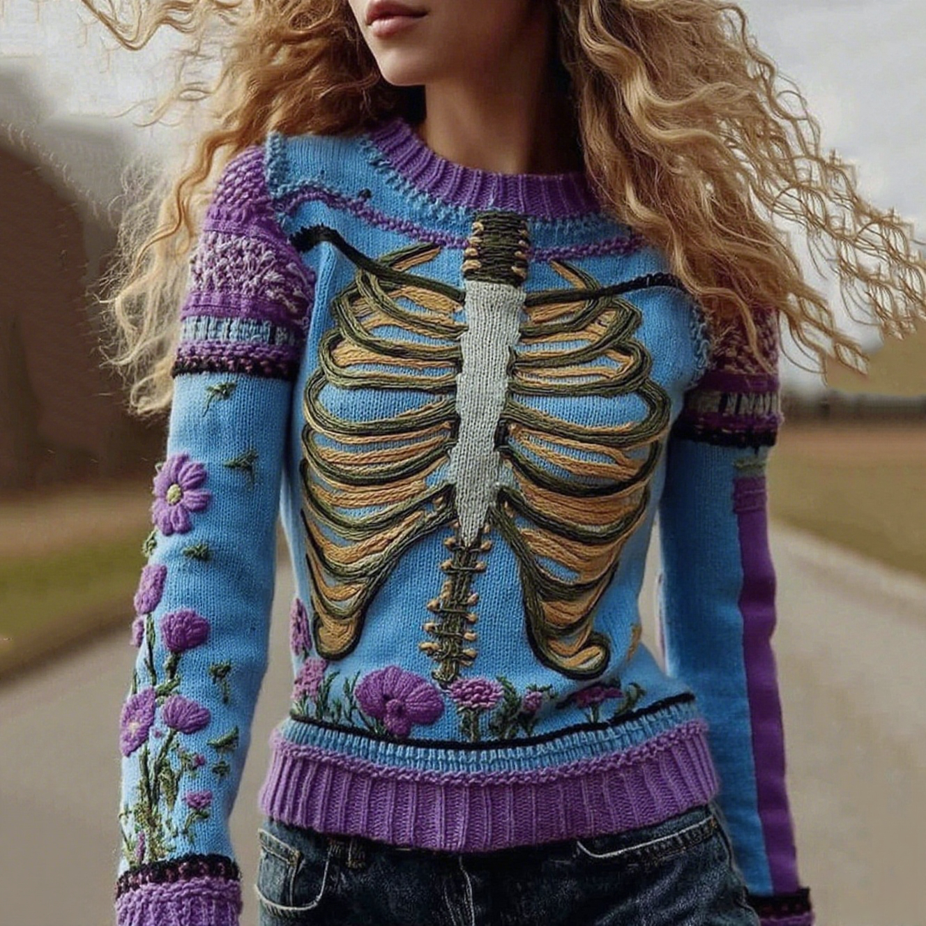 Vintage Halloween Anatomy With Floral Art Chunky Knitted Sweater