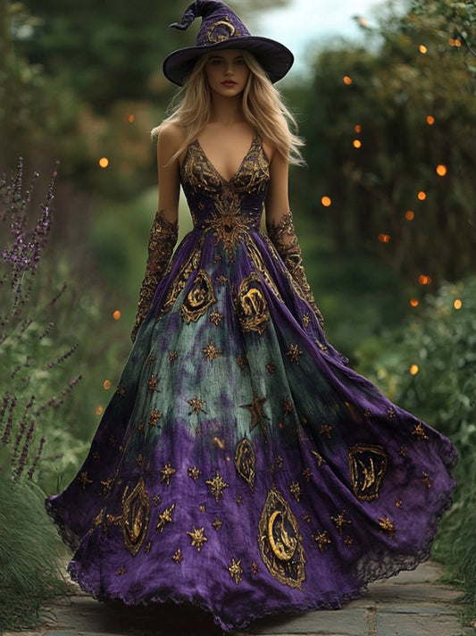 Halloween Themed Tie-dye Star And Moon Embroidered Gradient Witch Maxi Dress