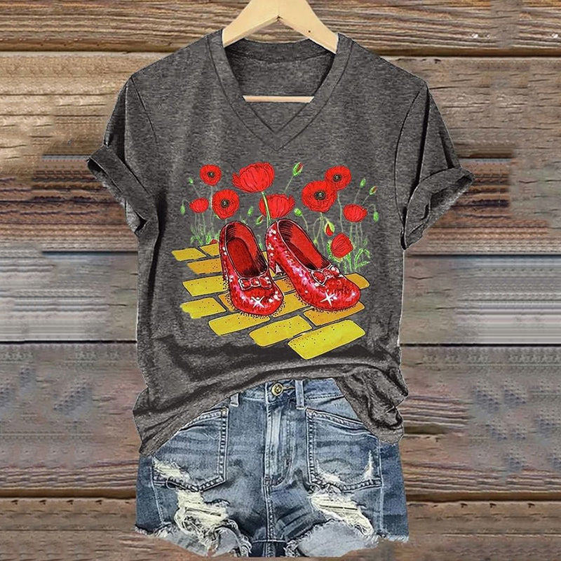 Classic Ruby Red Shoes Floral Painting V-Neck T-Shirt