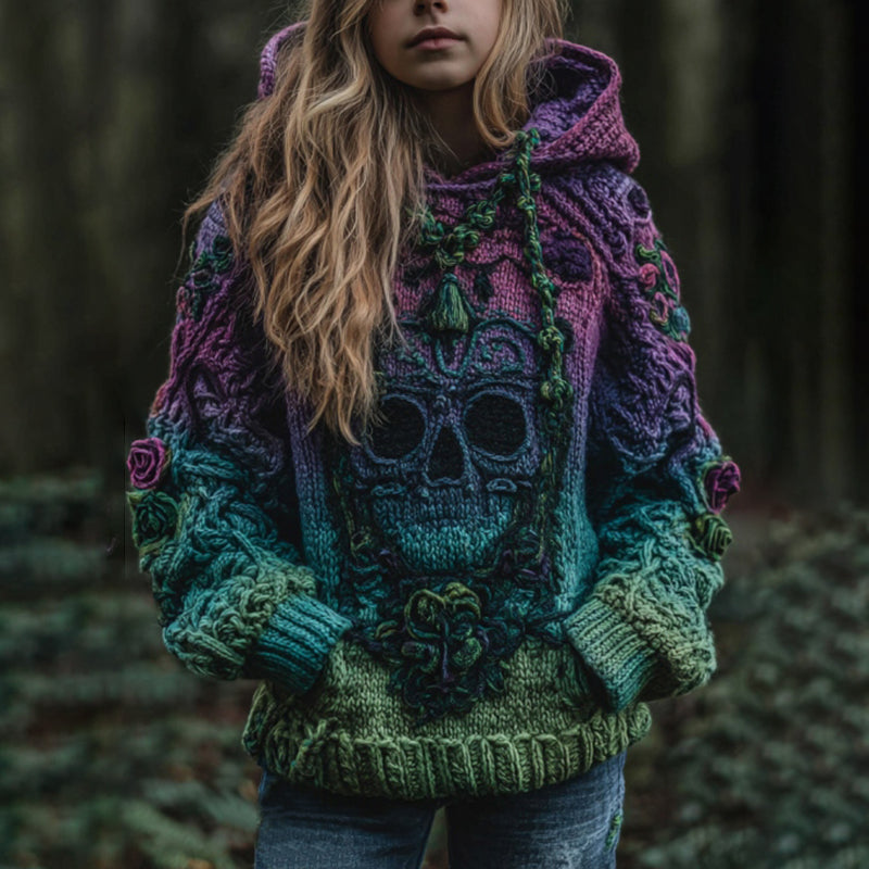 Women's Vintage Viking Skull Gradient Art Knit Hooded Sweater