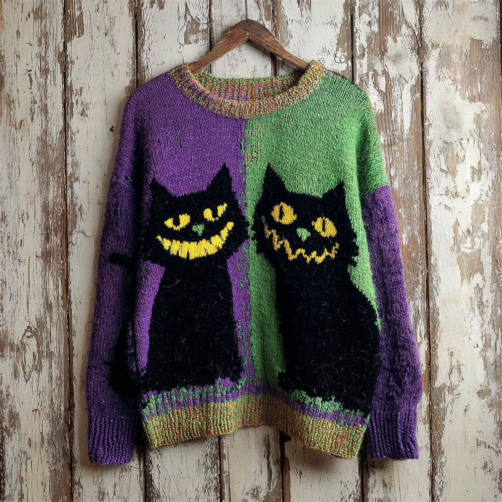 Halloween Black Cat Color Blocking Women's Knitted Sweater