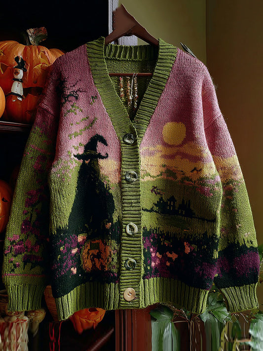 Halloween Witch Pattern Knitted Warm Sweater Cardigan