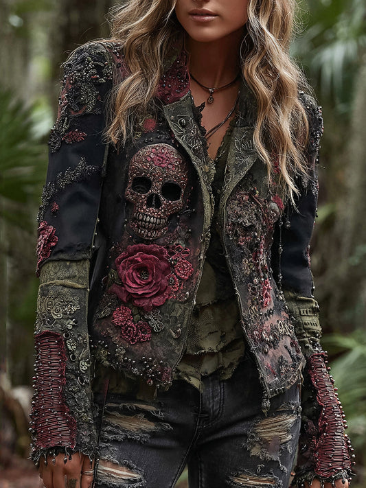 Rose And Skull Gothic Rock Contrast Lapel Denim Jacket