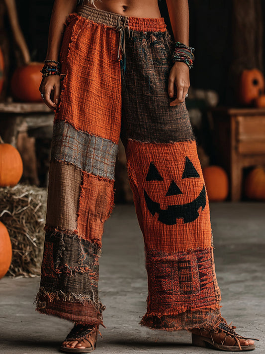 Classic Halloween Pumpkin Face Contrast Color Patchwork Linen Pants