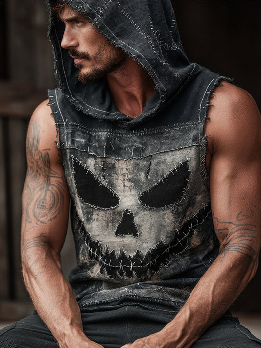 Halloween Evil Pumpkin Emoji Vintage Men's Hooded Tank