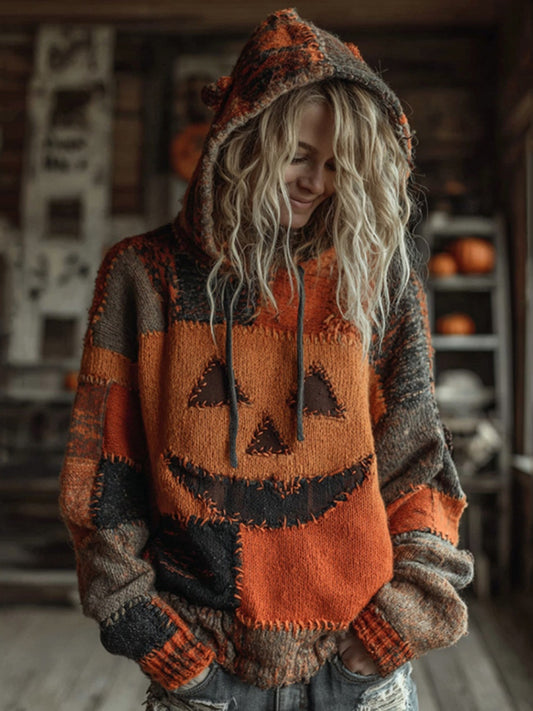 Halloween Pumpkin Face Patchwork Stitched Cozy Knit Hooded