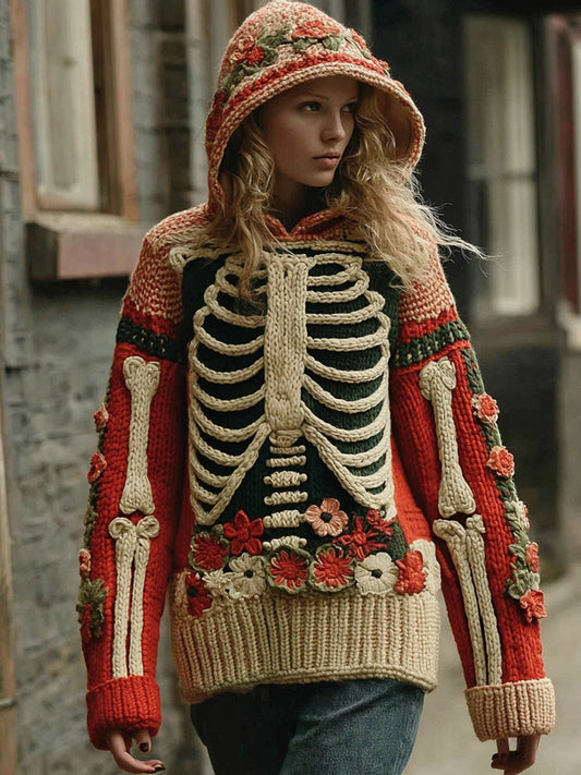 Vintage Halloween Anatomy With Floral Art Chunky Knitted Hooded Sweater