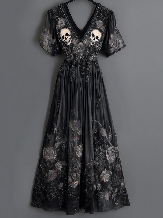 Halloween Skeleton Element V-neck Short Sleeve Dress