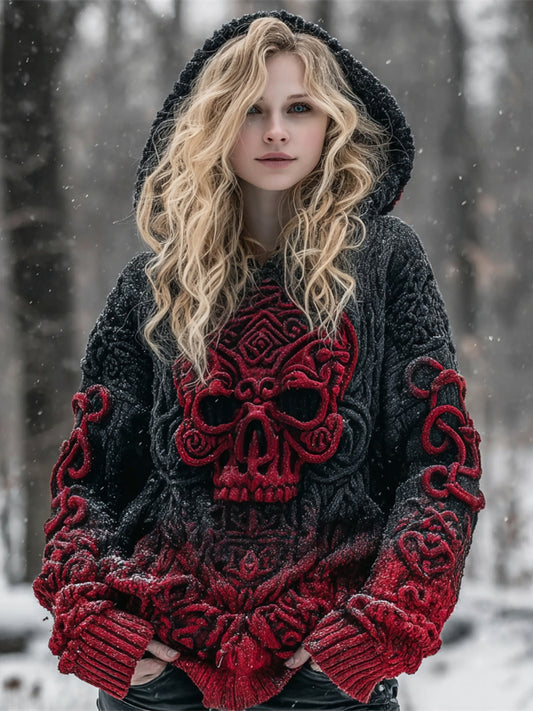 Halloween Skull Gothic Women's Hooded Chunky Knit Sweater