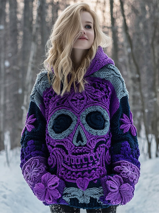 Quirky Skull & Flower Women's Chunky Knit Hooded Sweater
