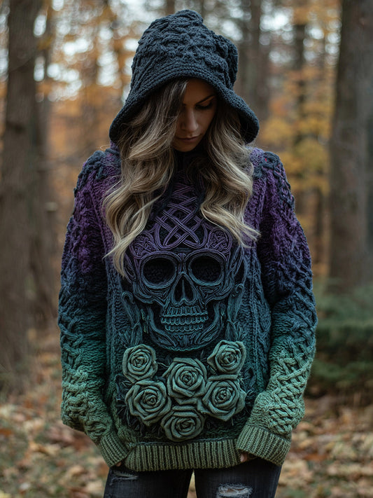 Women's Viking Tribal Jacquard Celtic With Rose And Skull Inspired Chunky Knit Hooded Sweater