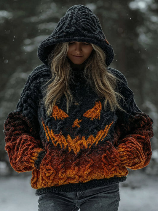 Women's Halloween Spooky Pumpkin Art Gradient Vintage Cozy Knit Hooded Sweater