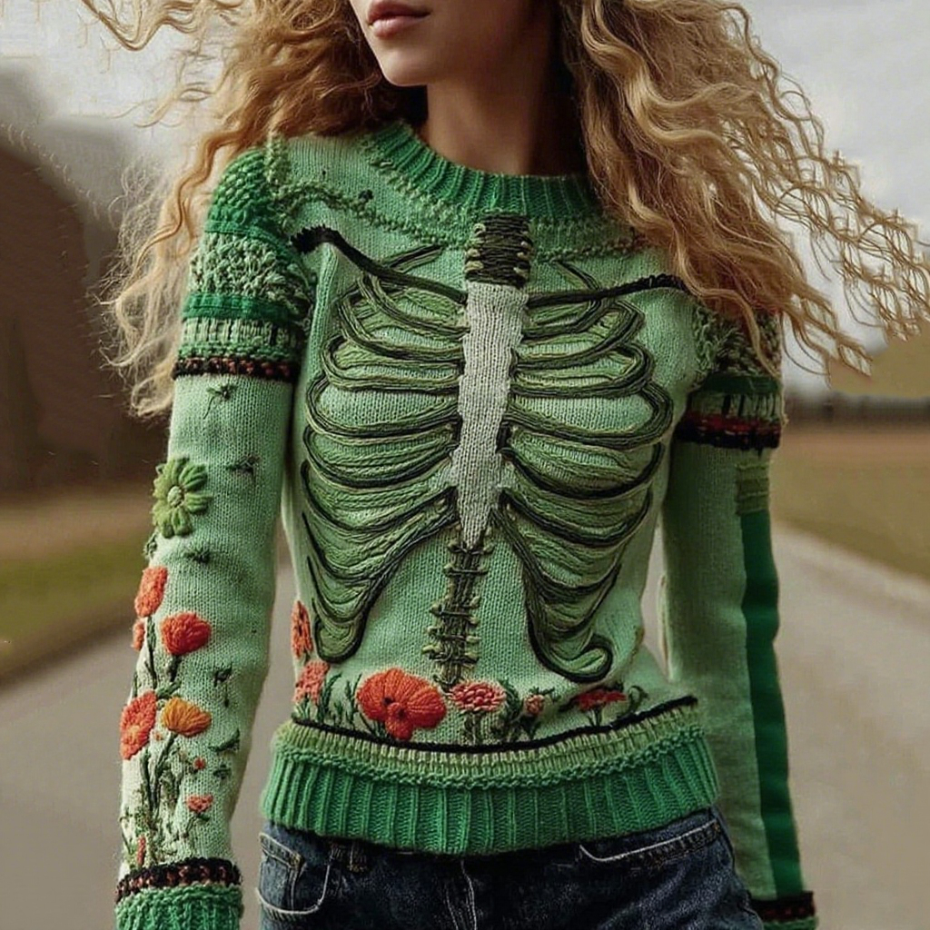 Vintage Halloween Anatomy With Floral Art Chunky Knitted Sweater