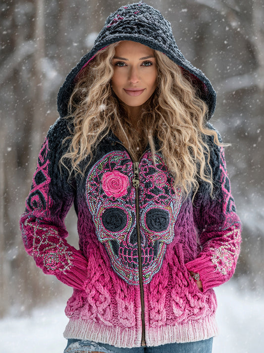 Women's Rose And Skull Inspired Chunky Zipper Knitted Hooded Cardigan