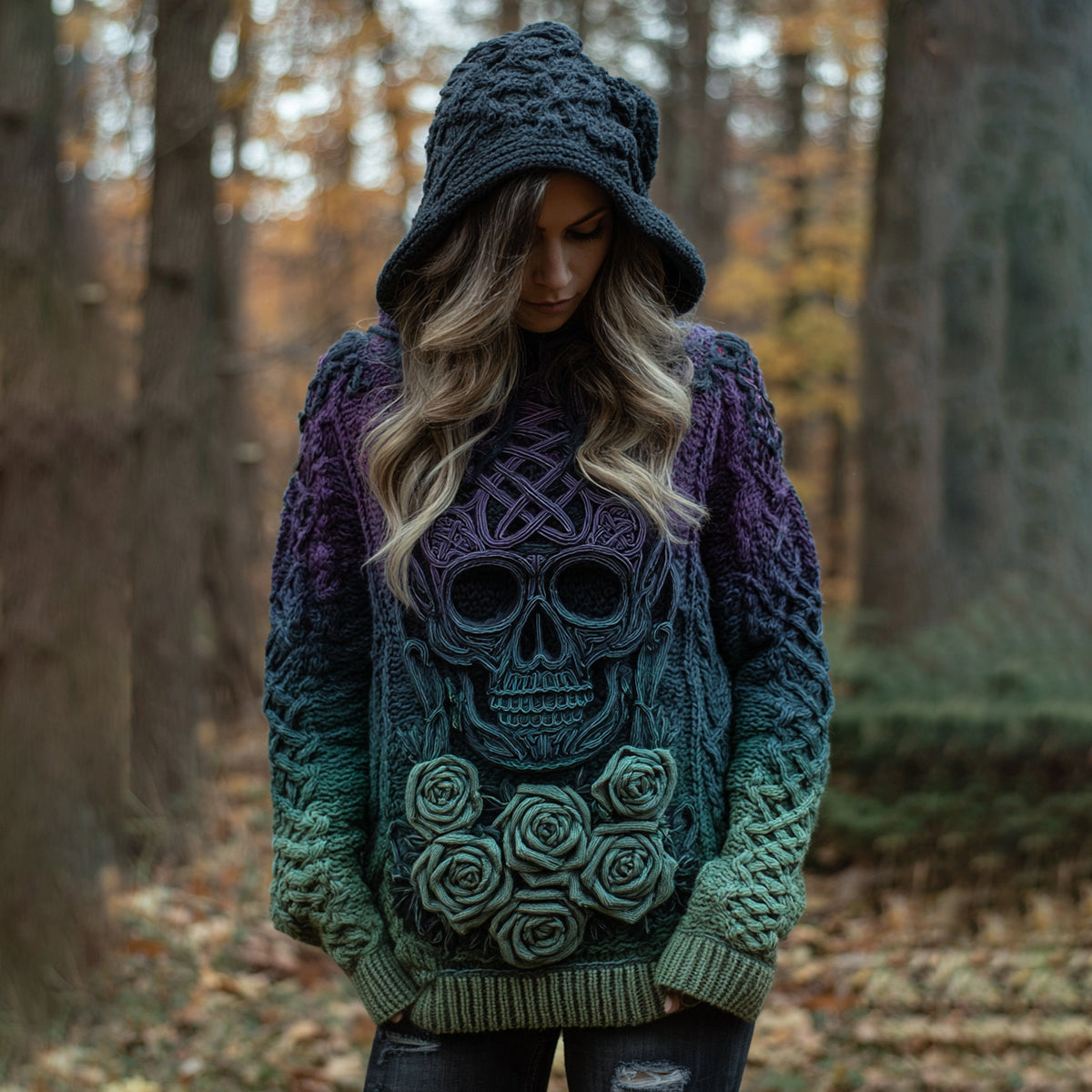 Women's Viking Tribal Jacquard Celtic With Rose And Skull Inspired Chunky Knit Hooded Sweater