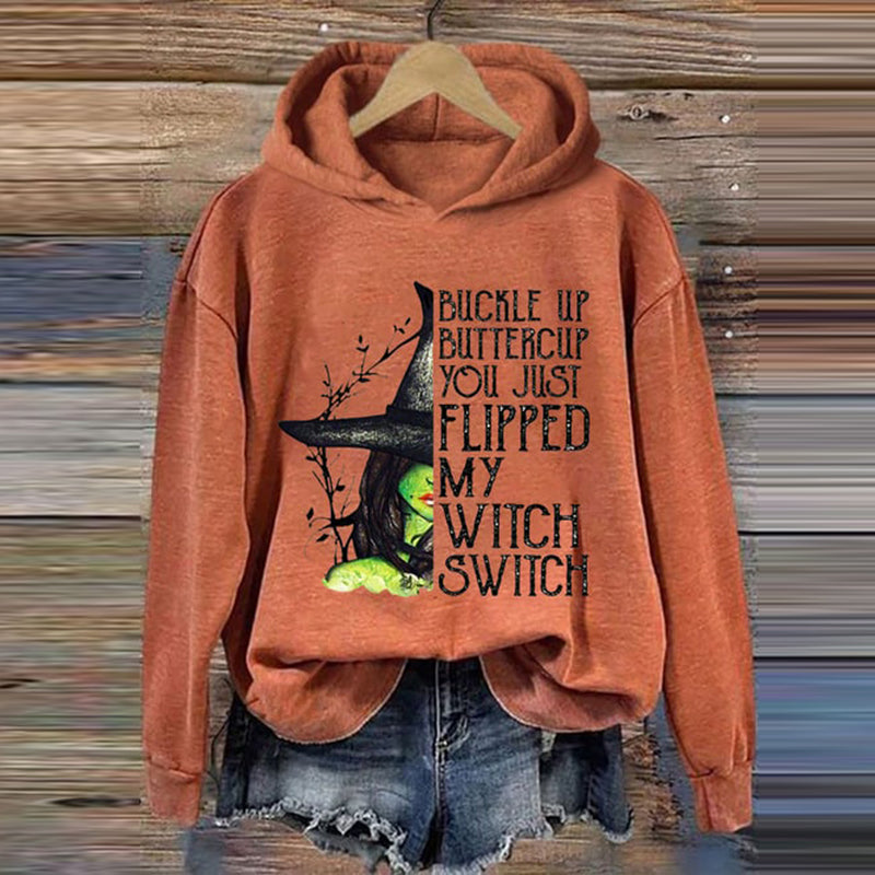 Women's Halloween Buckle Up Buttercup You Just Flipped My Witch Switch Print Casual Hoodie