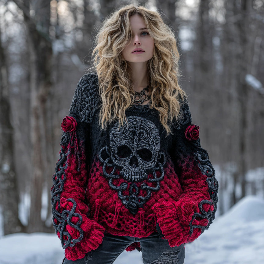 Women's Vintage Tribal Celtic Skull Rose Gradient Art Cozy Knit Sweater