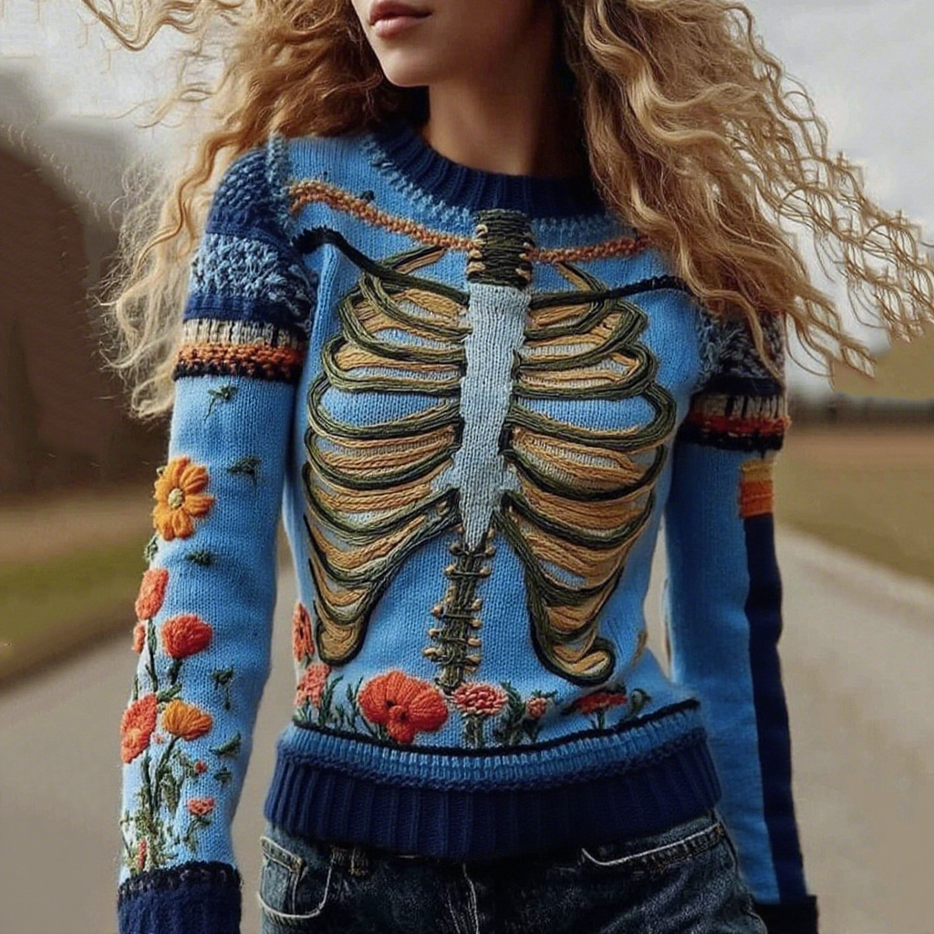 Vintage Halloween Anatomy With Floral Art Chunky Knitted Sweater