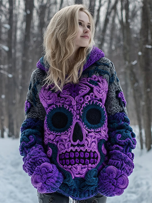 Quirky Skull Pattern Women's Chunky Knit Hooded Sweater