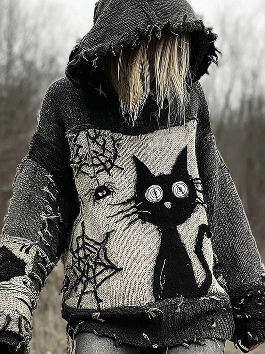 Halloween Scared Black Cat Patchwork Stitched Cozy Knit Hooded