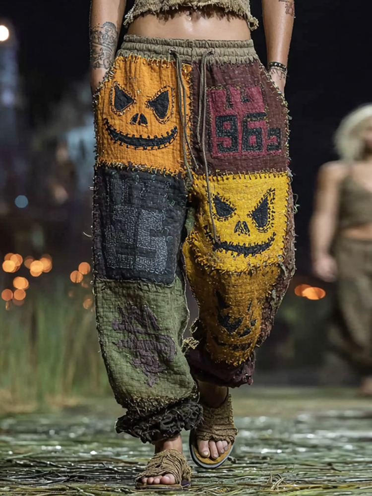 Bohemian Halloween Themed Embroidered Contrast Color Patchwork Linen Pants