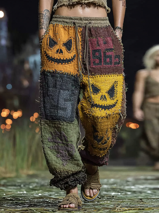 Bohemian Halloween Themed Embroidered Contrast Color Patchwork Linen Pants
